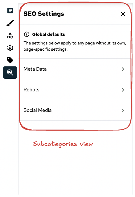 Settings subcategories