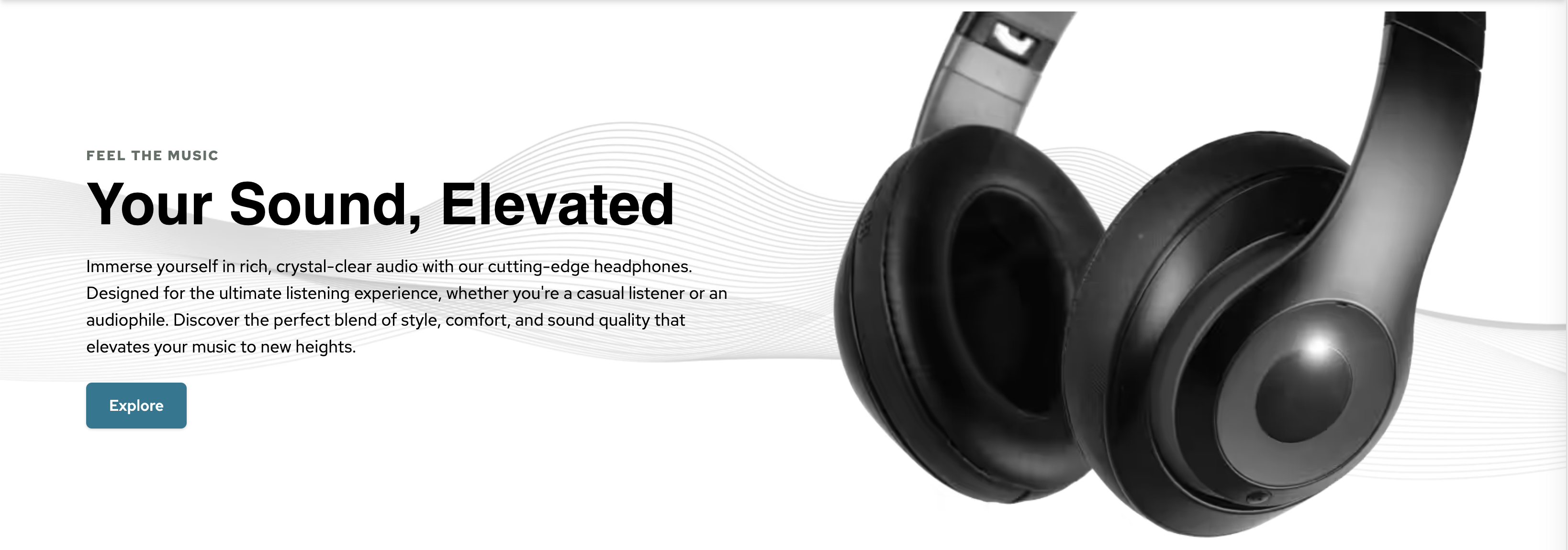 An example of the hero banner. It shows off a headphone category, consisting of an image, a tagline, a headline, a description, and a call to action link.