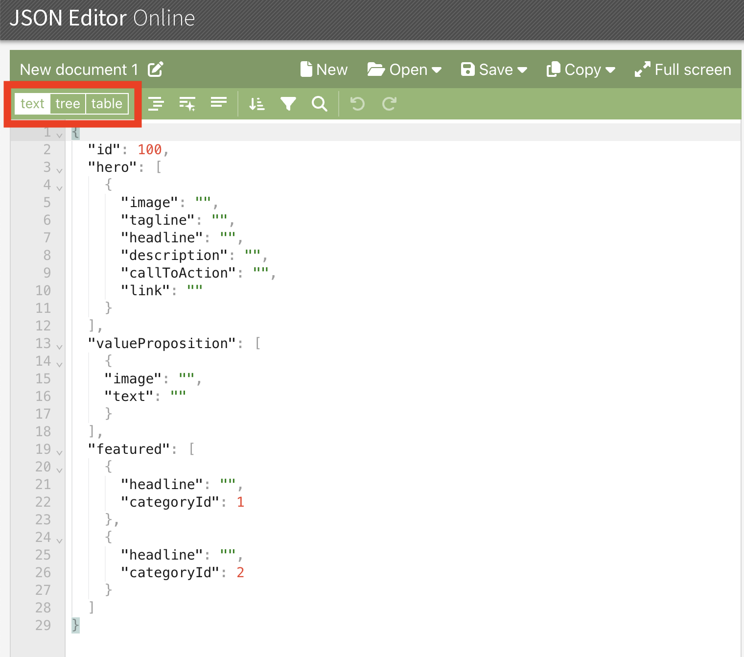 JSON Editor Online with the example template. The tabs for switching between different editing views are highlighted.